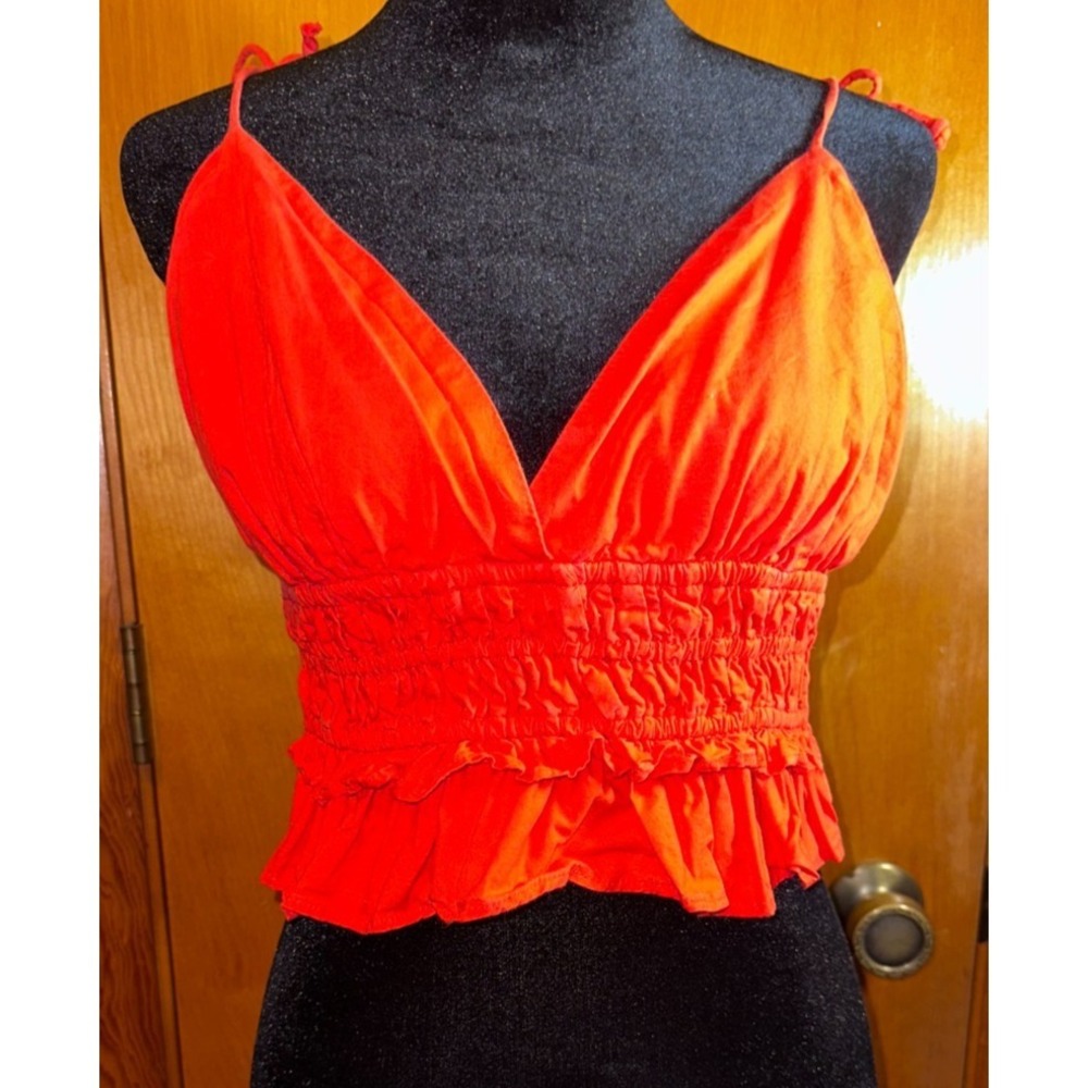 Sim & Sam Red‎ Smocked Ruffle Hem Tie Strap Summer Festival Beach Crop Top Large